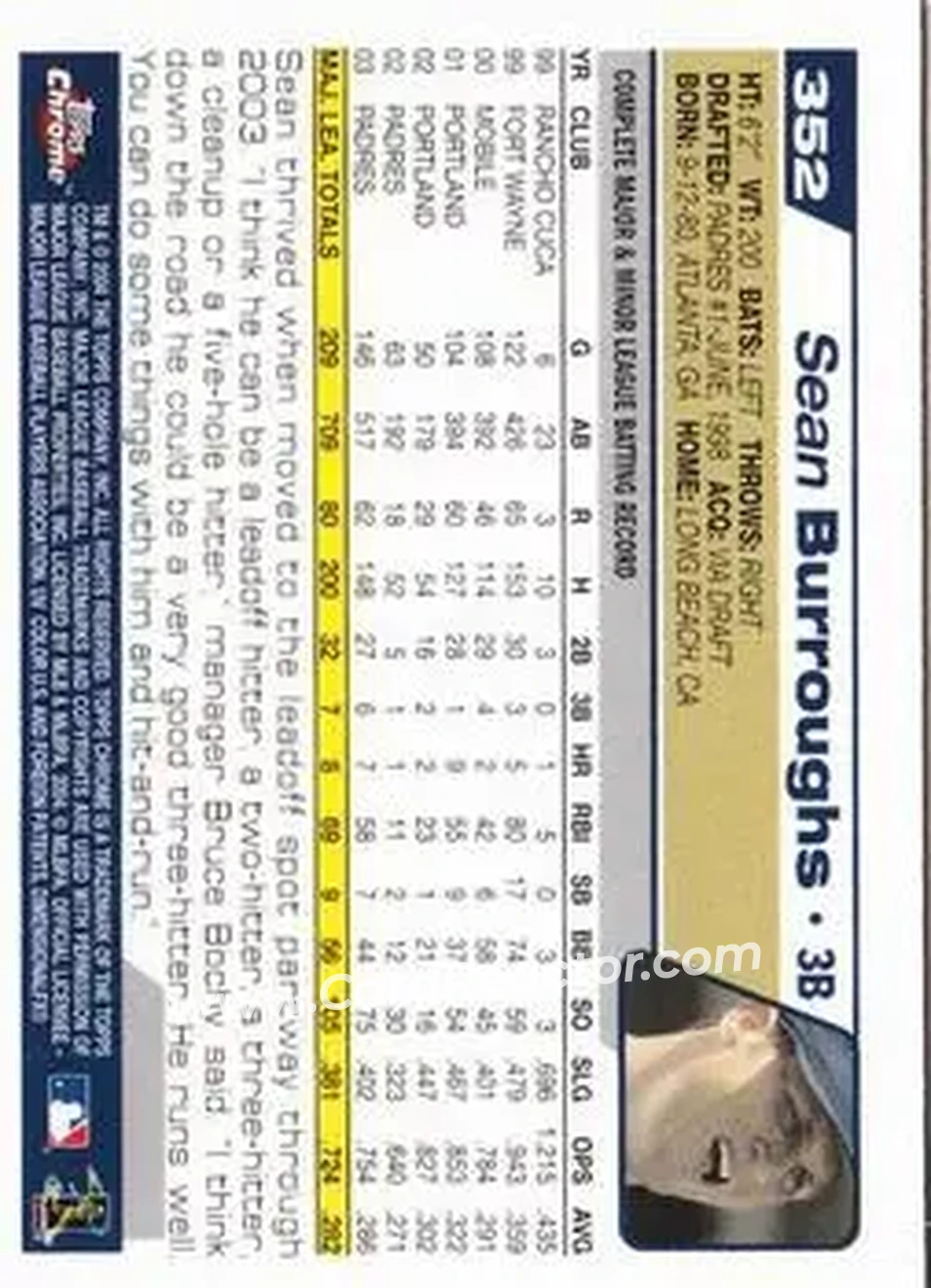 2004 Topps Chrome #352 - Sean Burroughs - San Diego Padres - Back