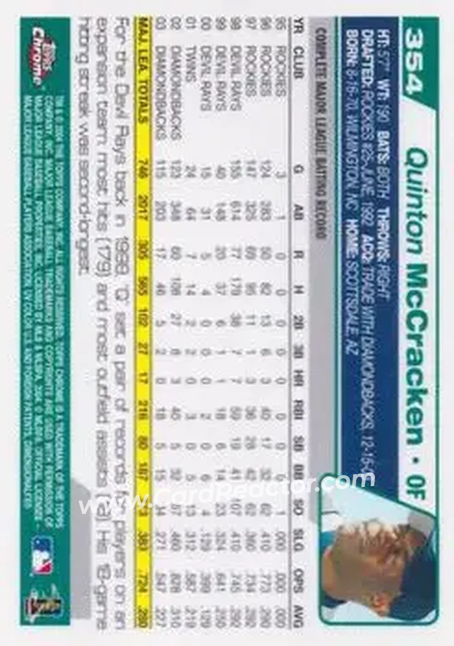 2004 Topps Chrome #354 - Quinton McCracken - Seattle Mariners - Back