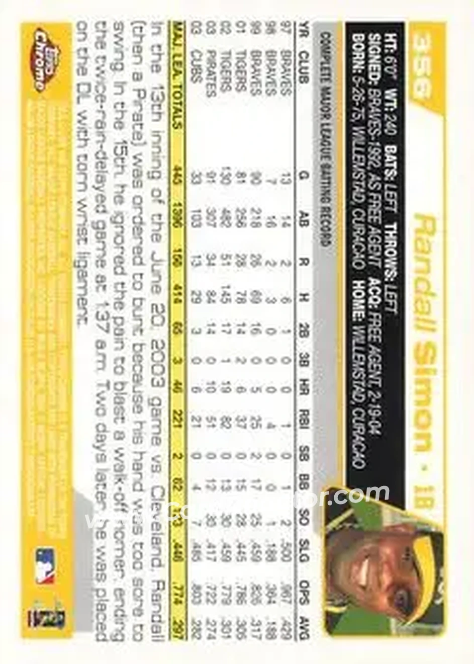 2004 Topps Chrome #356 - Randall Simon - Pittsburgh Pirates - Back