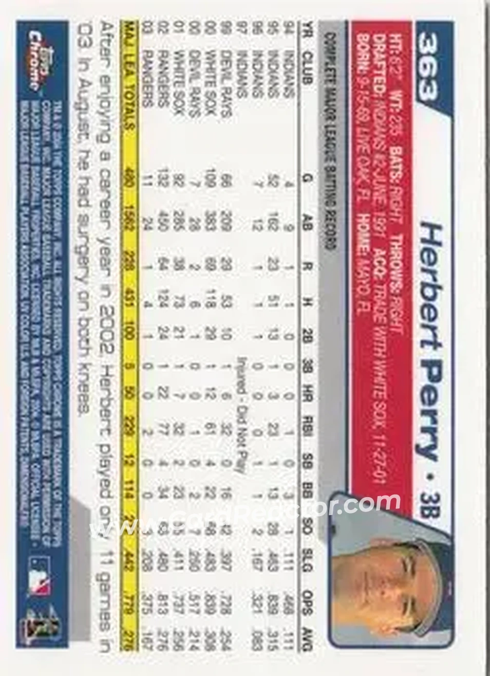 2004 Topps Chrome #363 - Herb Perry - Texas Rangers - Back