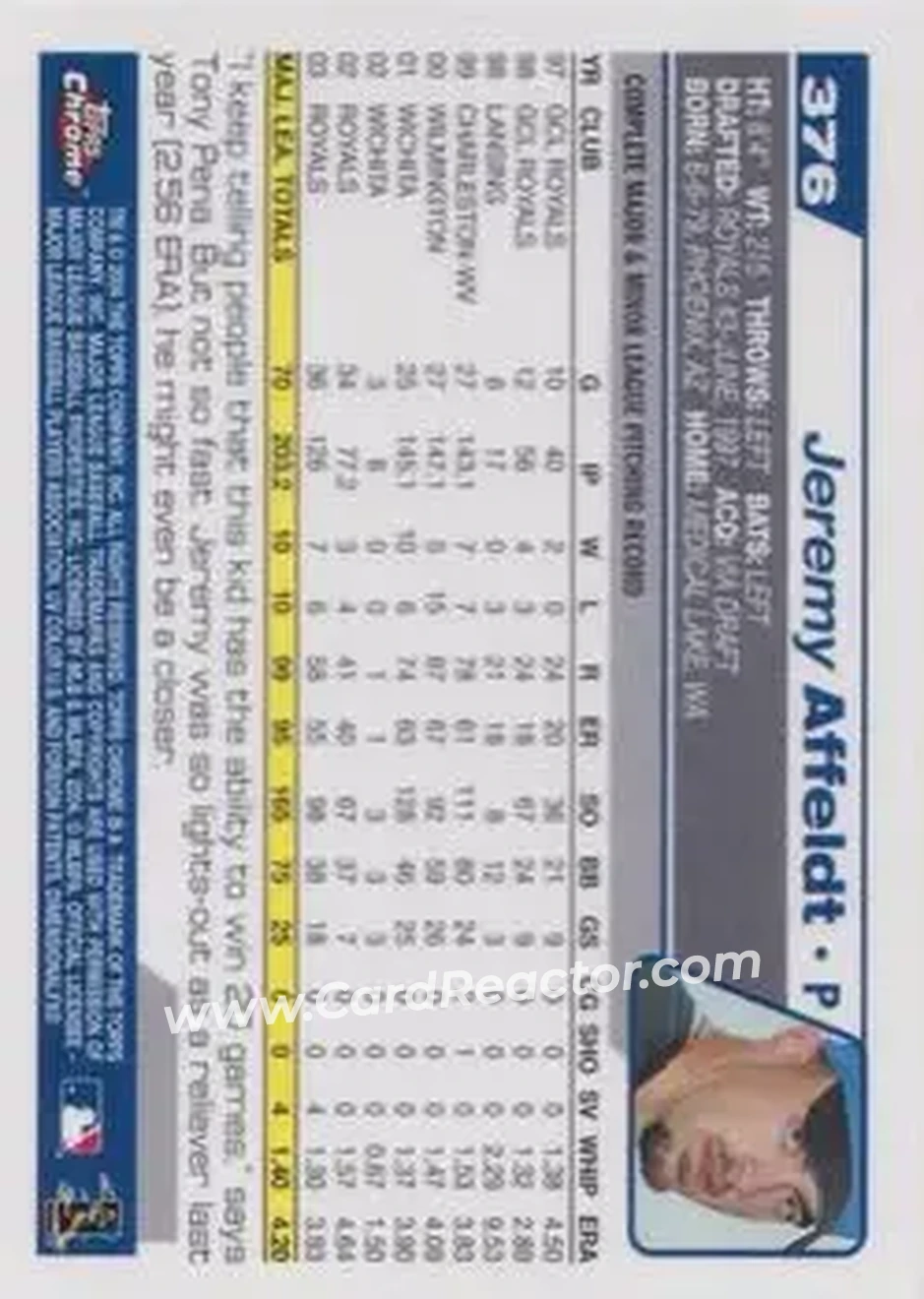2004 Topps Chrome #376 - Jeremy Affeldt - Kansas City Royals - Back