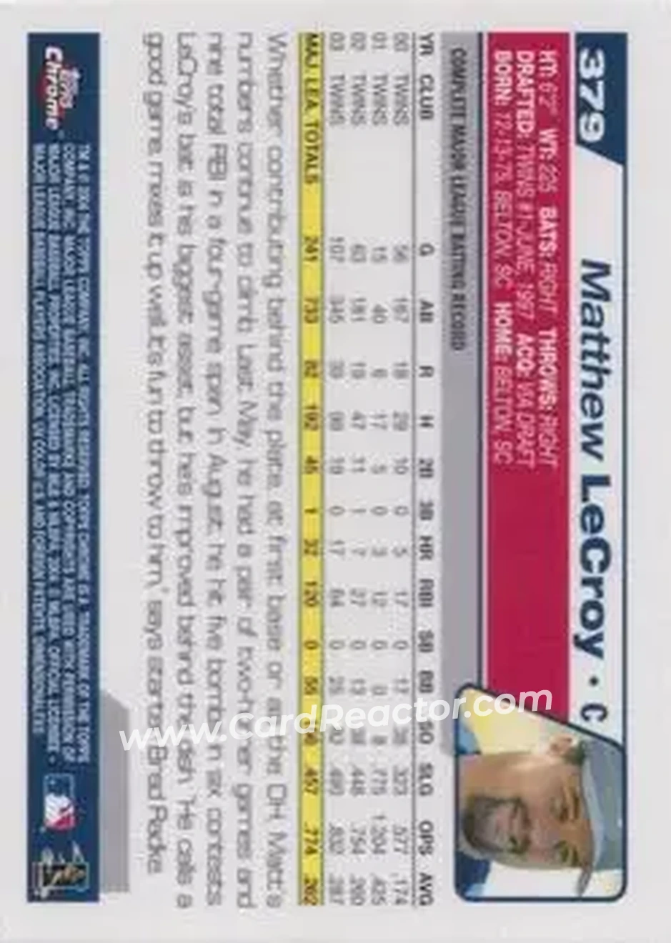 2004 Topps Chrome #379 - Matt LeCroy - Minnesota Twins - Back