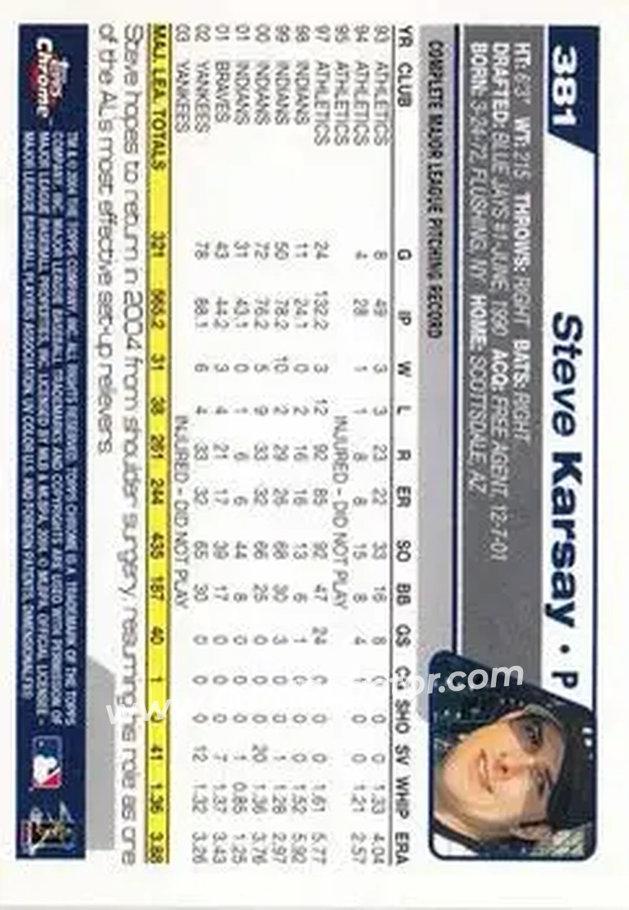 2004 Topps Chrome #381 - Steve Karsay - New York Yankees - Back