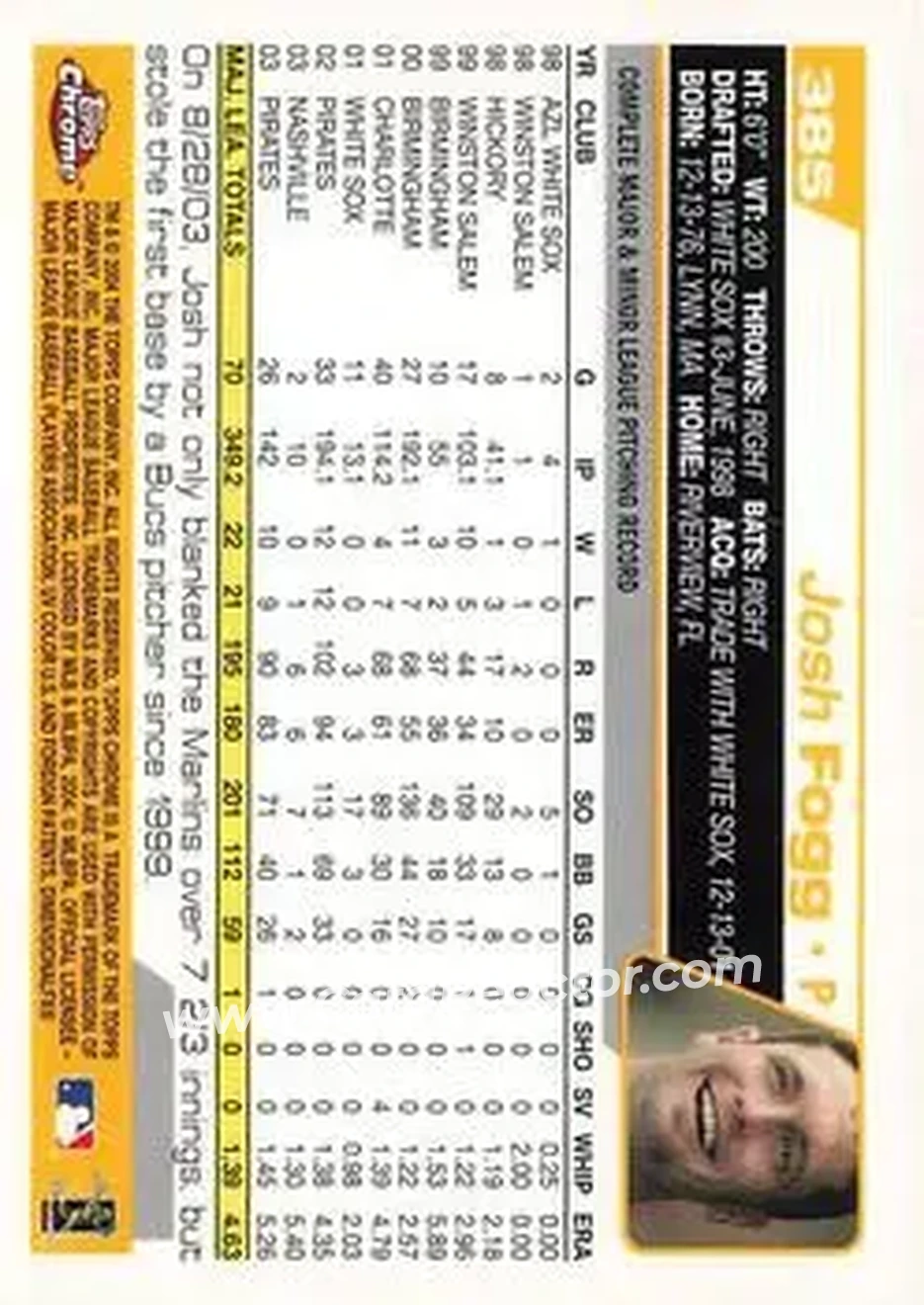 2004 Topps Chrome #385 - Josh Fogg - Pittsburgh Pirates - Back