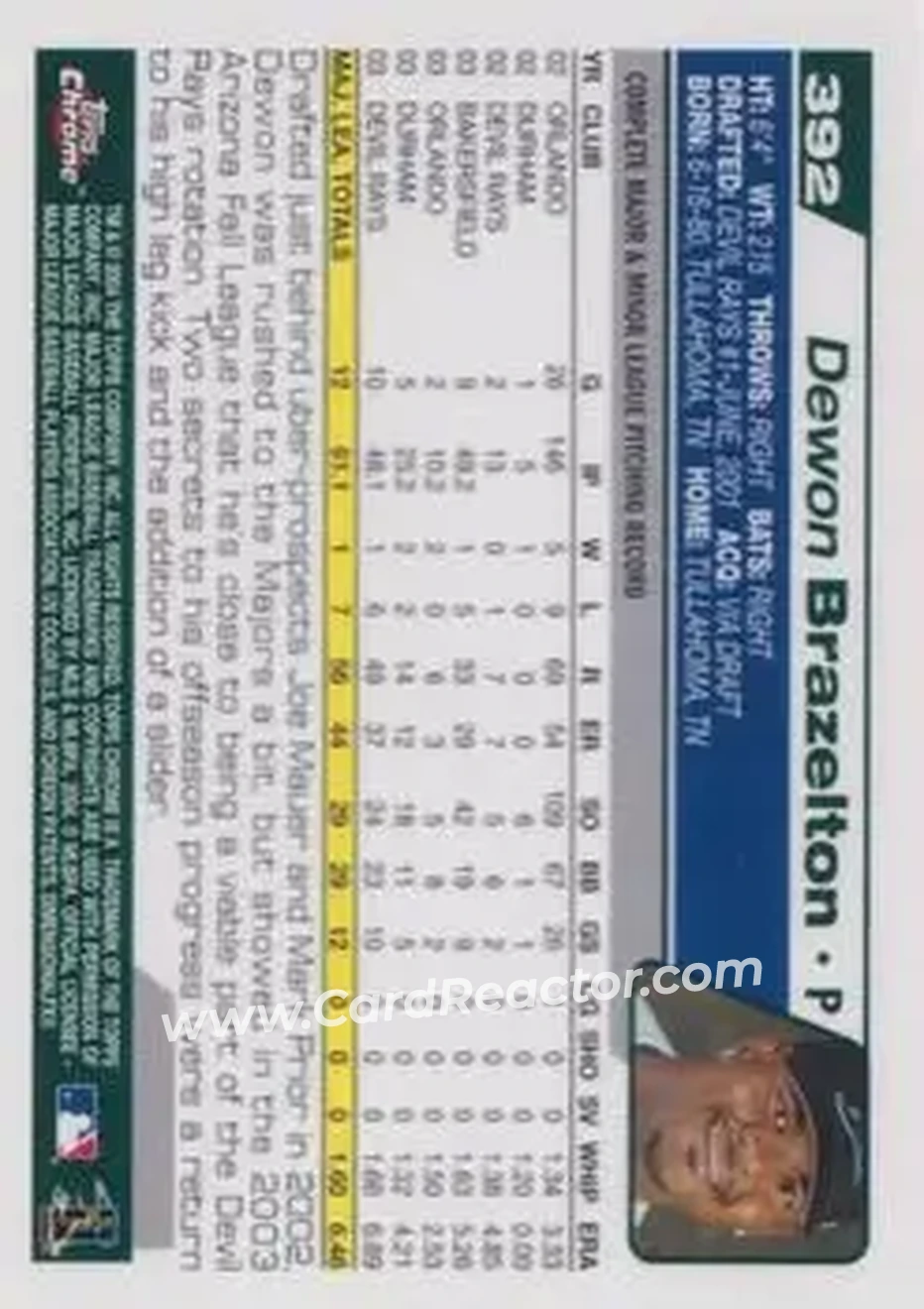 2004 Topps Chrome #392 - Dewon Brazelton - Tampa Bay Devil Rays - Back