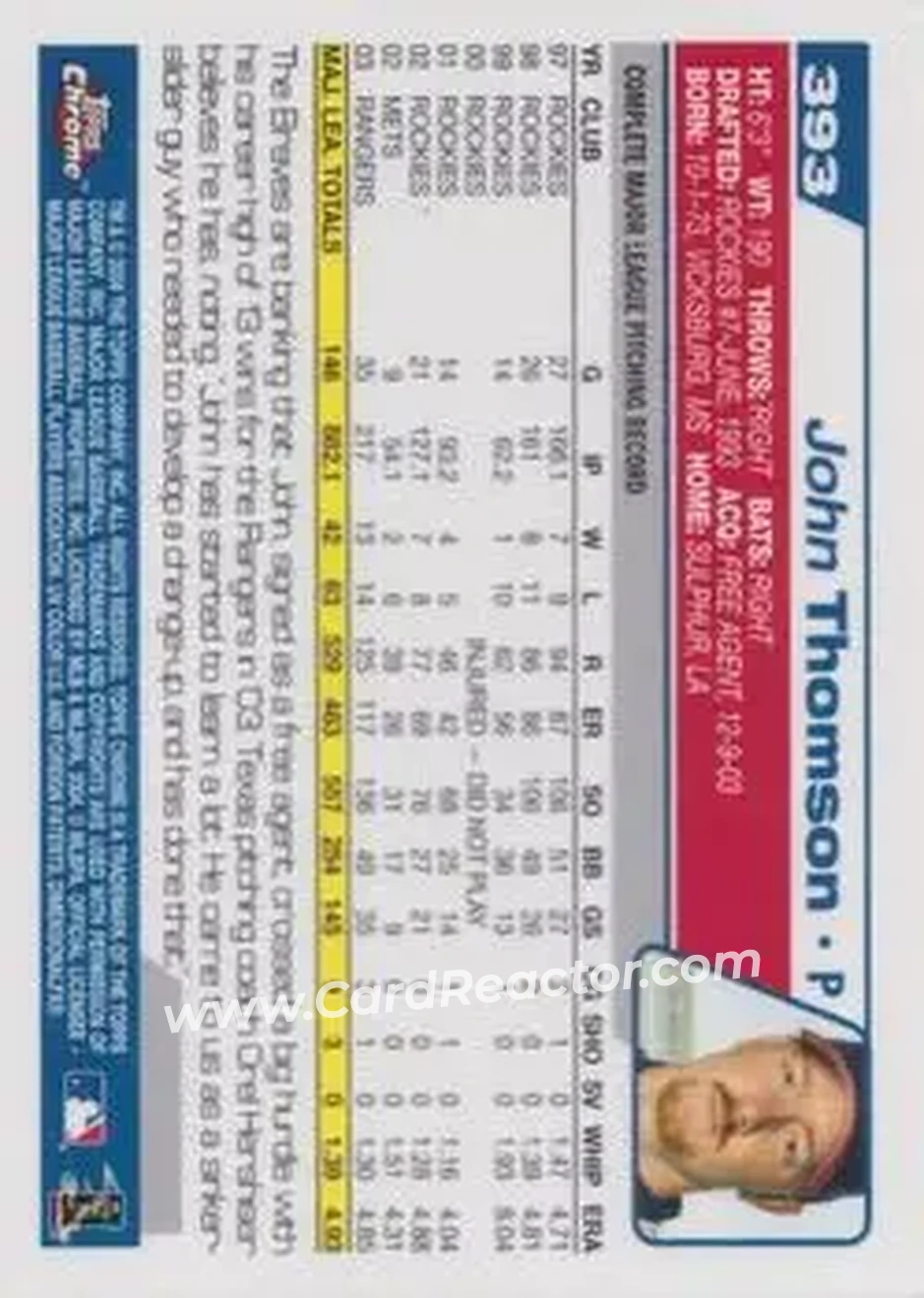 2004 Topps Chrome #393 - John Thomson - Atlanta Braves - Back