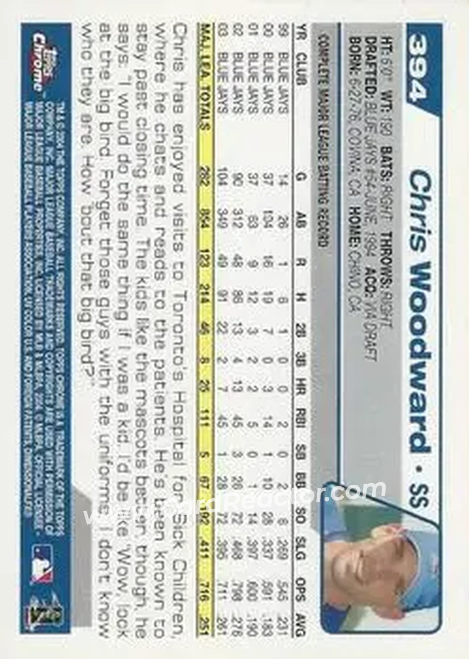 2004 Topps Chrome #394 - Chris Woodward - Toronto Blue Jays - Back