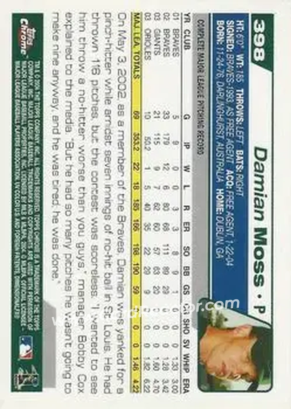 2004 Topps Chrome #398 - Damian Moss - Tampa Bay Devil Rays - Back