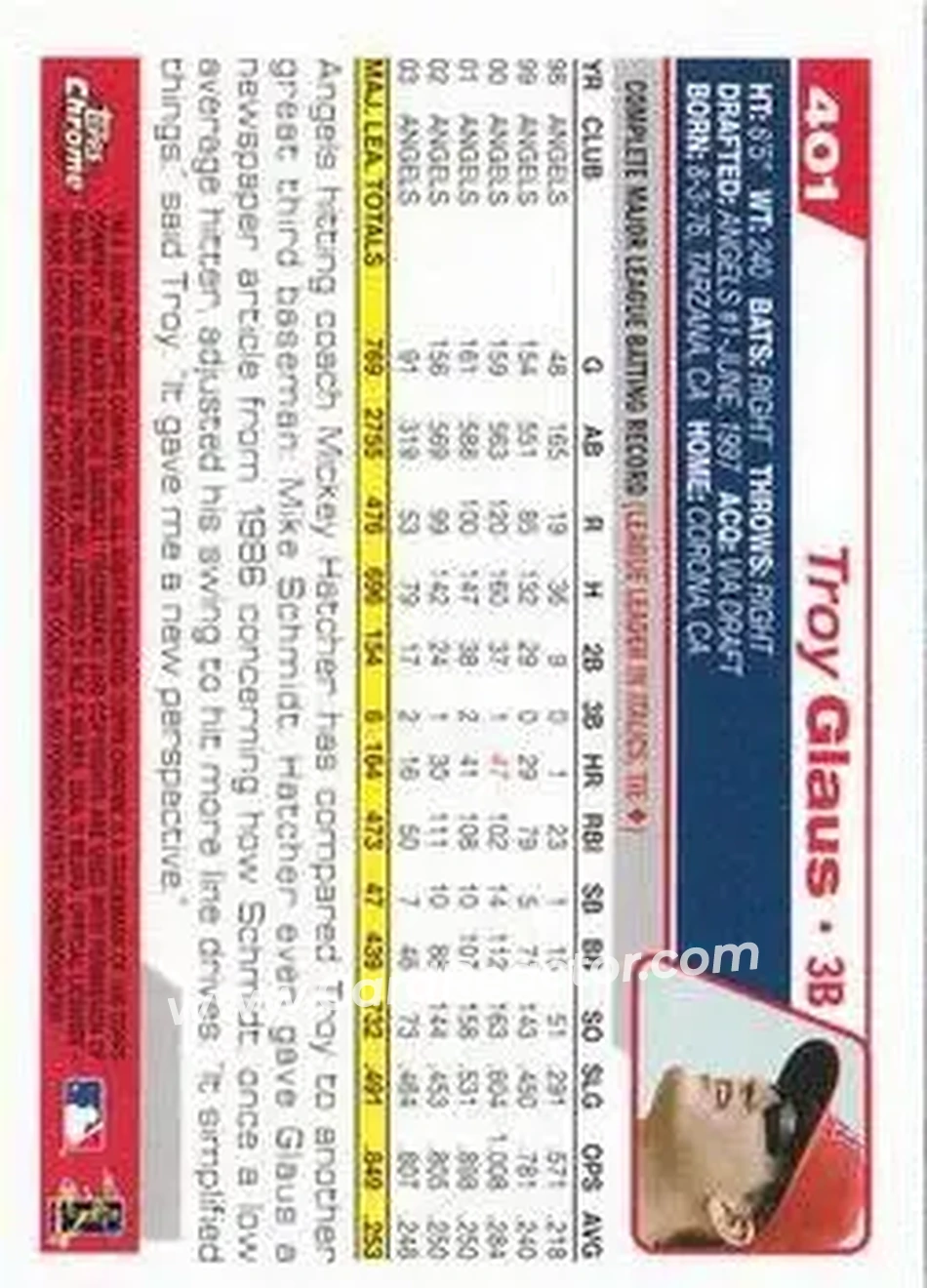 2004 Topps Chrome #401 - Troy Glaus - Anaheim Angels - Back