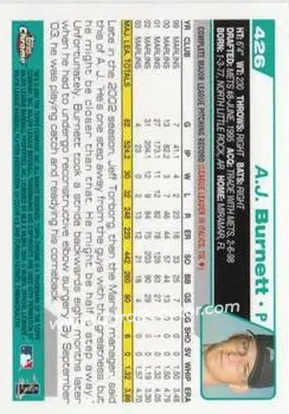 2004 Topps Chrome #426 - A.J. Burnett - Florida Marlins - Back