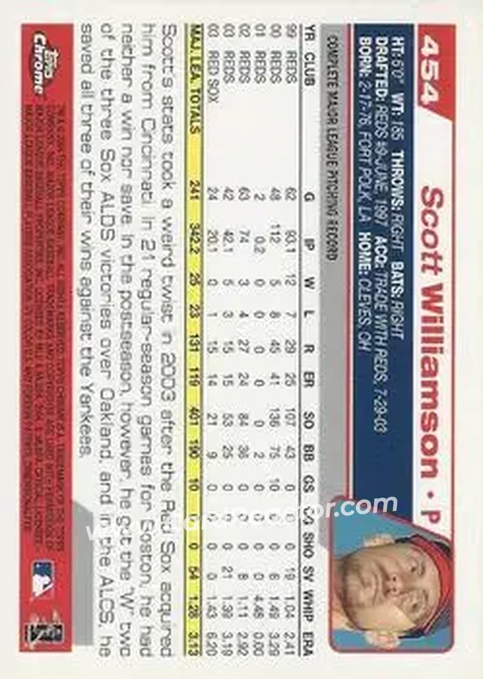 2004 Topps Chrome #454 - Scott Williamson - Boston Red Sox - Back
