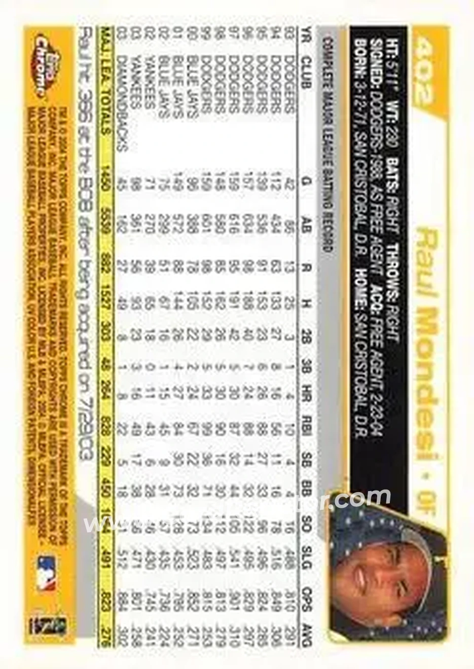 2004 Topps Chrome #402 - Raul Mondesi - Pittsburgh Pirates - Back