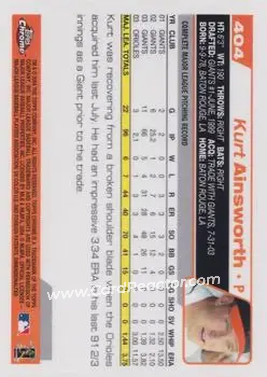 2004 Topps Chrome #404 - Kurt Ainsworth - Baltimore Orioles - Back