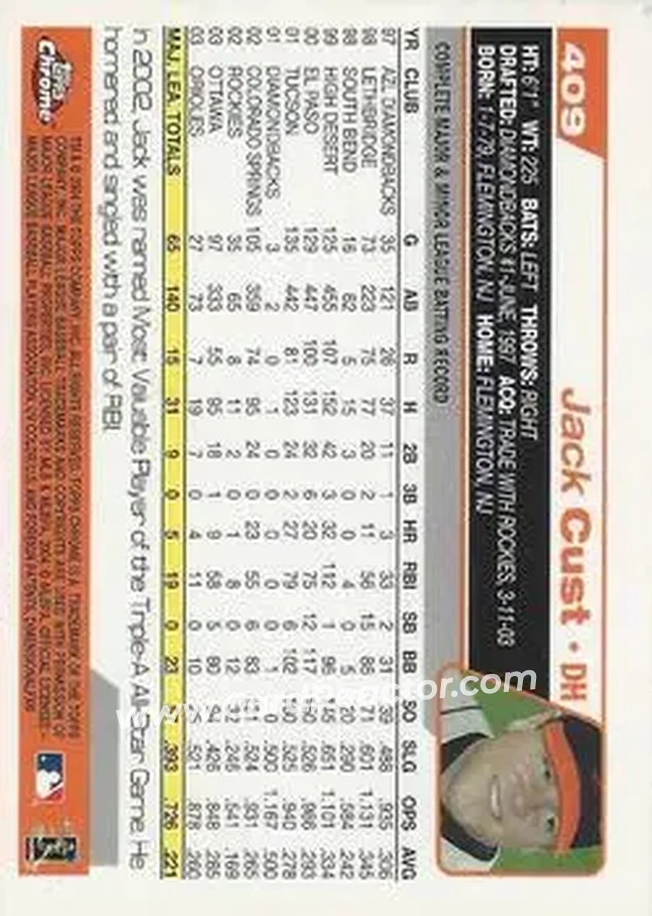 2004 Topps Chrome #409 - Jack Cust - Baltimore Orioles - Back 2004 Topps Chrome #409 - Jack Cust - Baltimore Orioles - Back