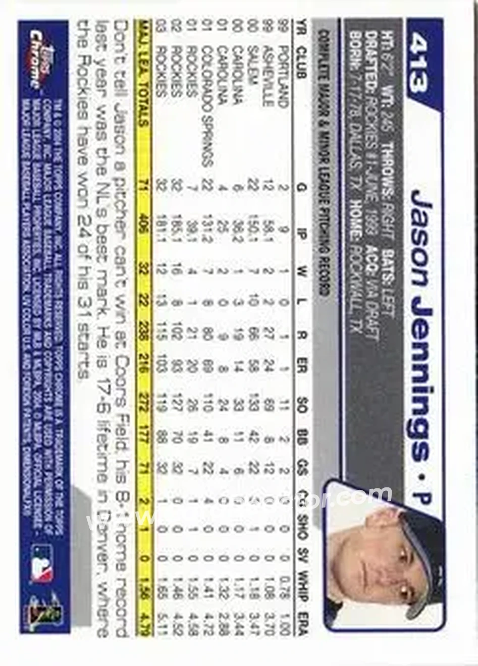 2004 Topps Chrome #413 - Jason Jennings - Colorado Rockies - Back