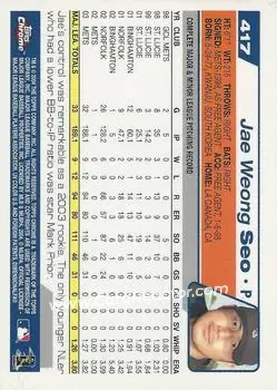 2004 Topps Chrome #417 - Jae Seo - New York Mets - Back