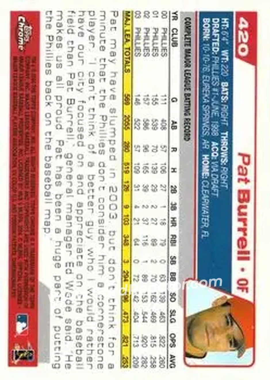 2004 Topps Chrome #420 - Pat Burrell - Philadelphia Phillies - Back