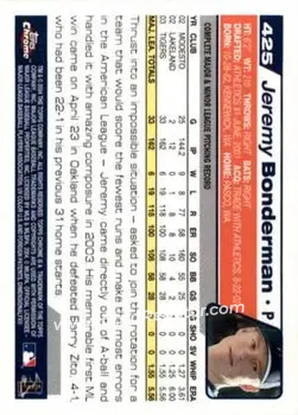 2004 Topps Chrome #425 - Jeremy Bonderman - Detroit Tigers - Back