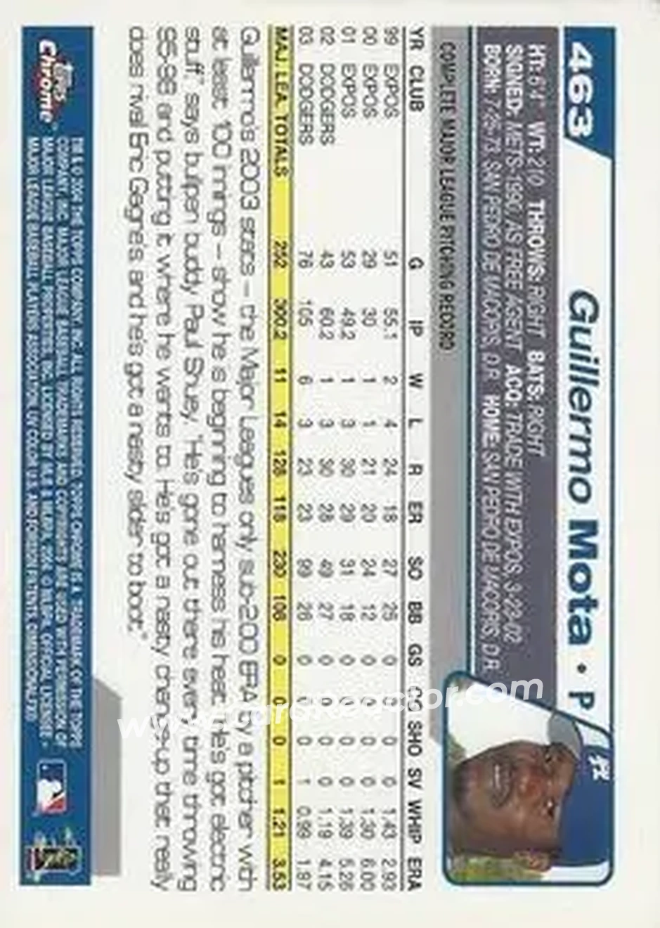 2004 Topps Chrome #463 - Guillermo Mota - Los Angeles Dodgers - Back
