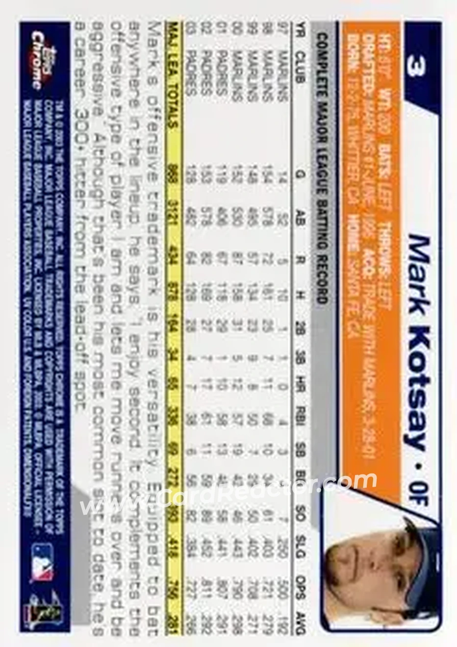 2004 Topps Chrome - Black Refractors #3 - Mark Kotsay - San Diego Padres - Back