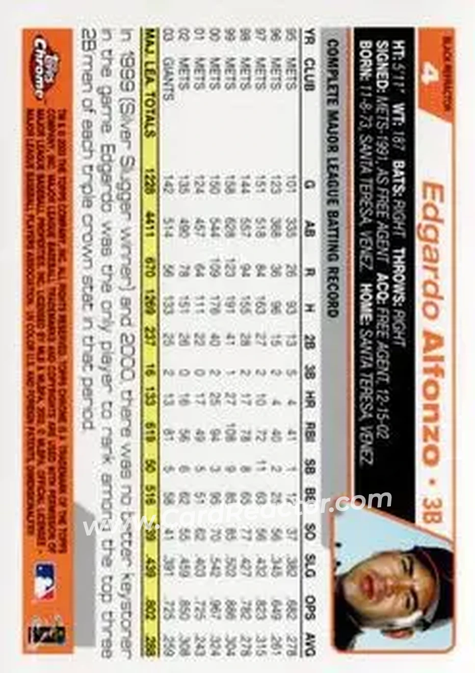 2004 Topps Chrome - Black Refractors #4 - Edgardo Alfonzo - San Francisco Giants - Back