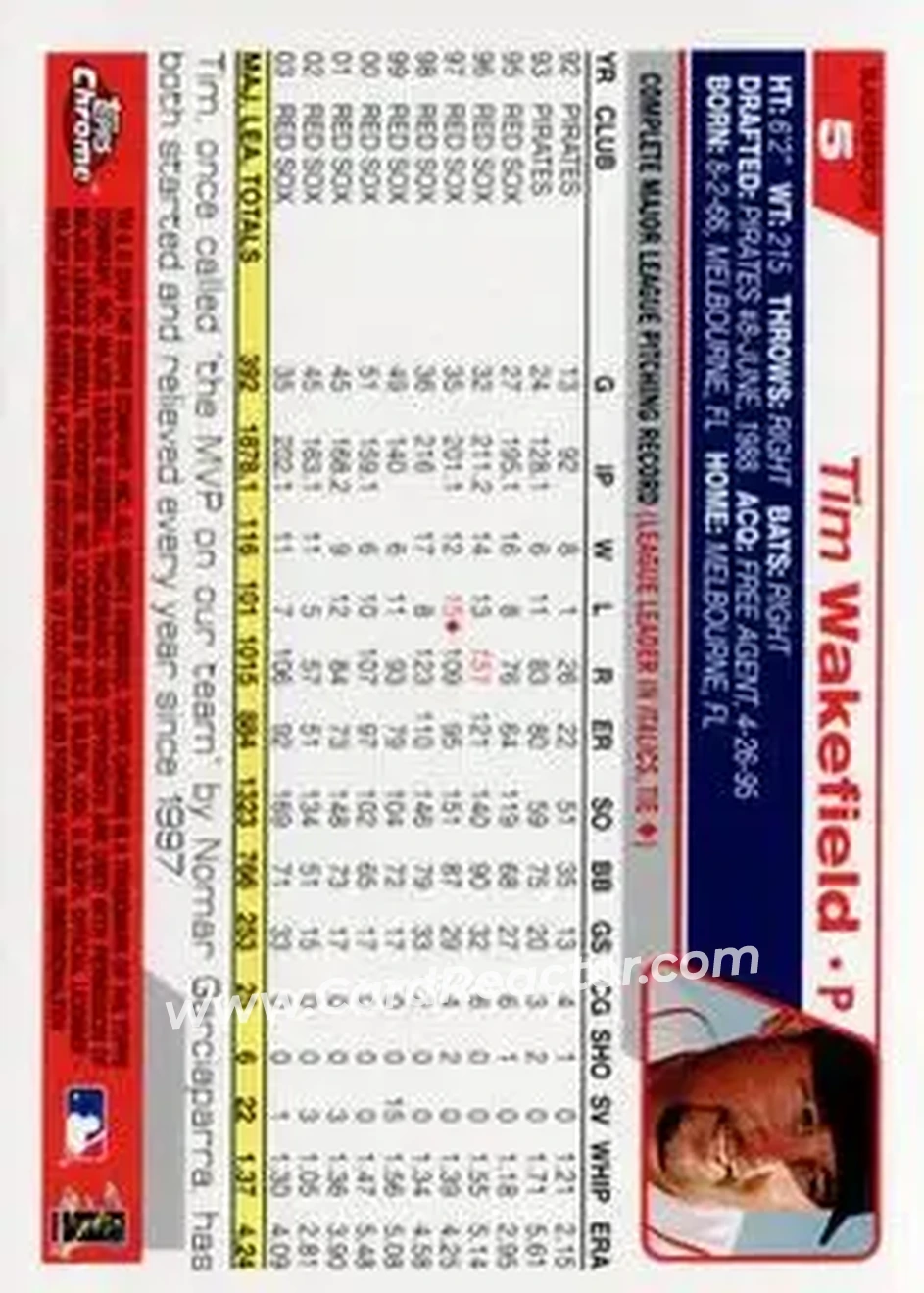 2004 Topps Chrome - Black Refractors #5 - Tim Wakefield - Boston Red Sox - Back