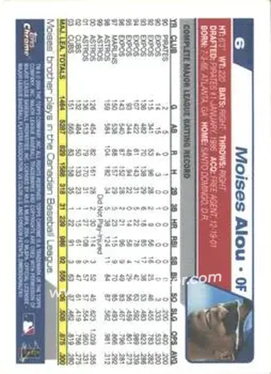 2004 Topps Chrome - Black Refractors #6 - Moises Alou - Chicago Cubs - Back
