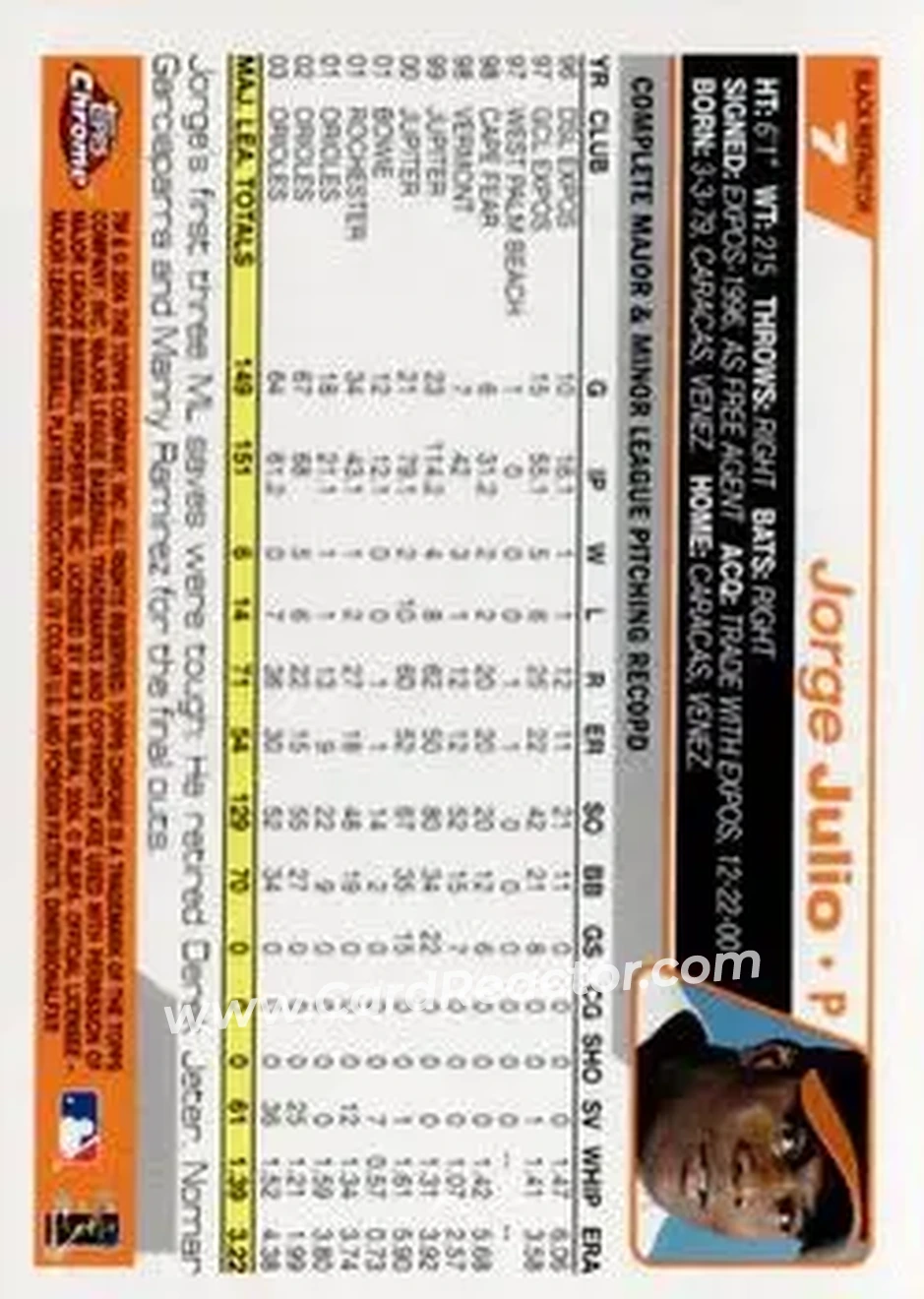 2004 Topps Chrome - Black Refractors #7 - Jorge Julio - Baltimore Orioles - Back