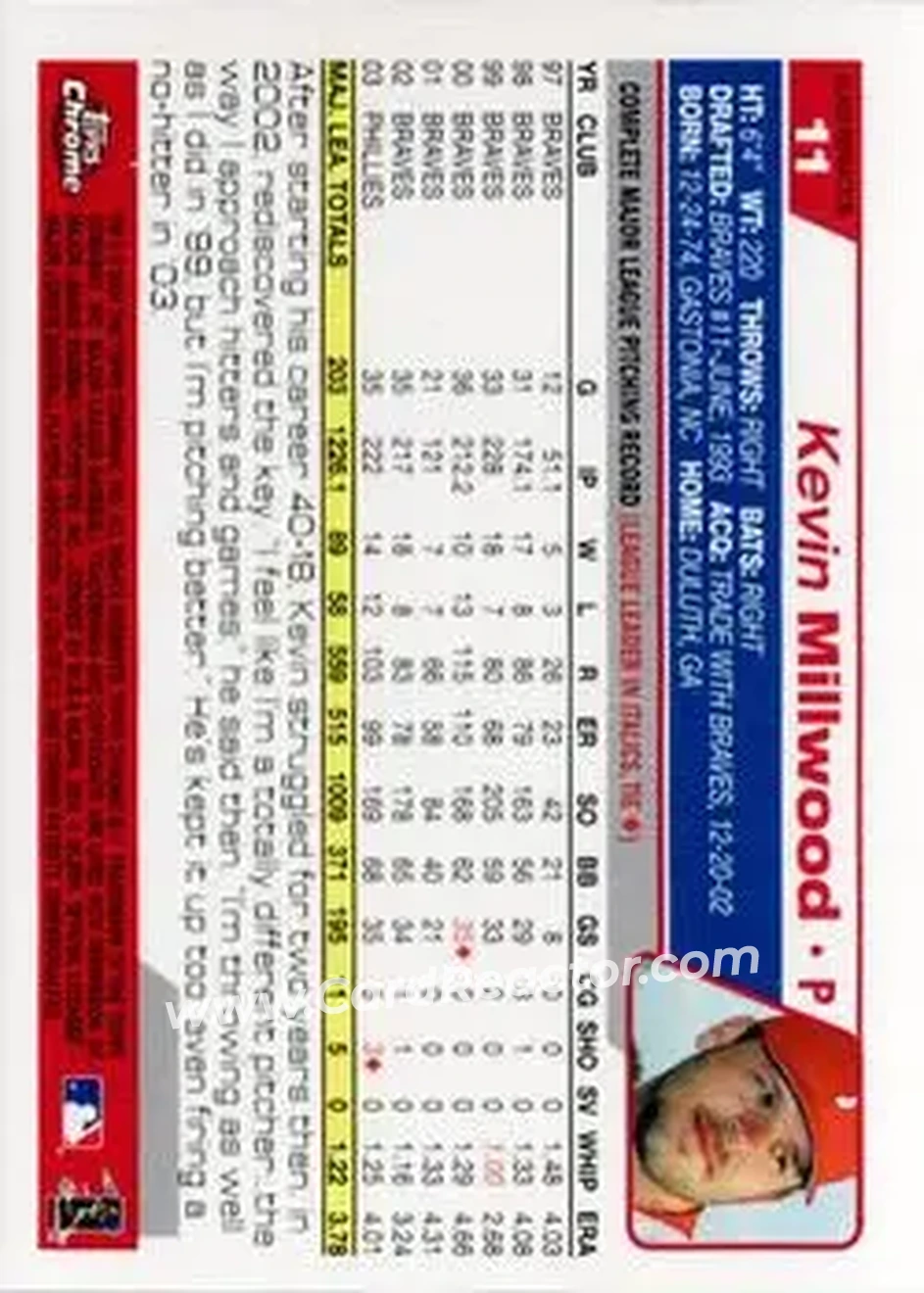 2004 Topps Chrome - Black Refractors #11 - Kevin Millwood - Philadelphia Phillies - Back