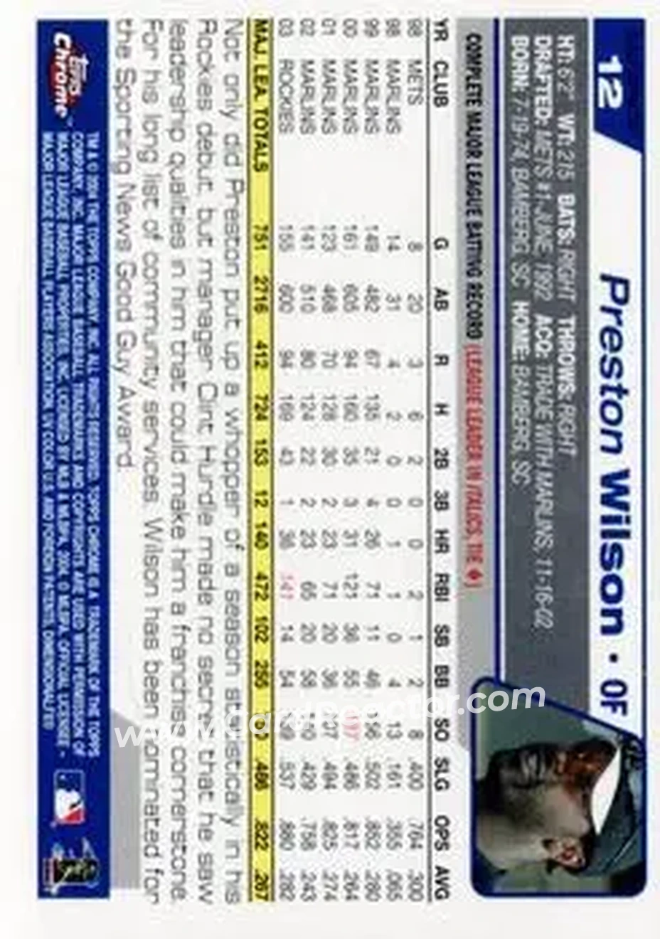 2004 Topps Chrome - Black Refractors #12 - Preston Wilson - Colorado Rockies - Back