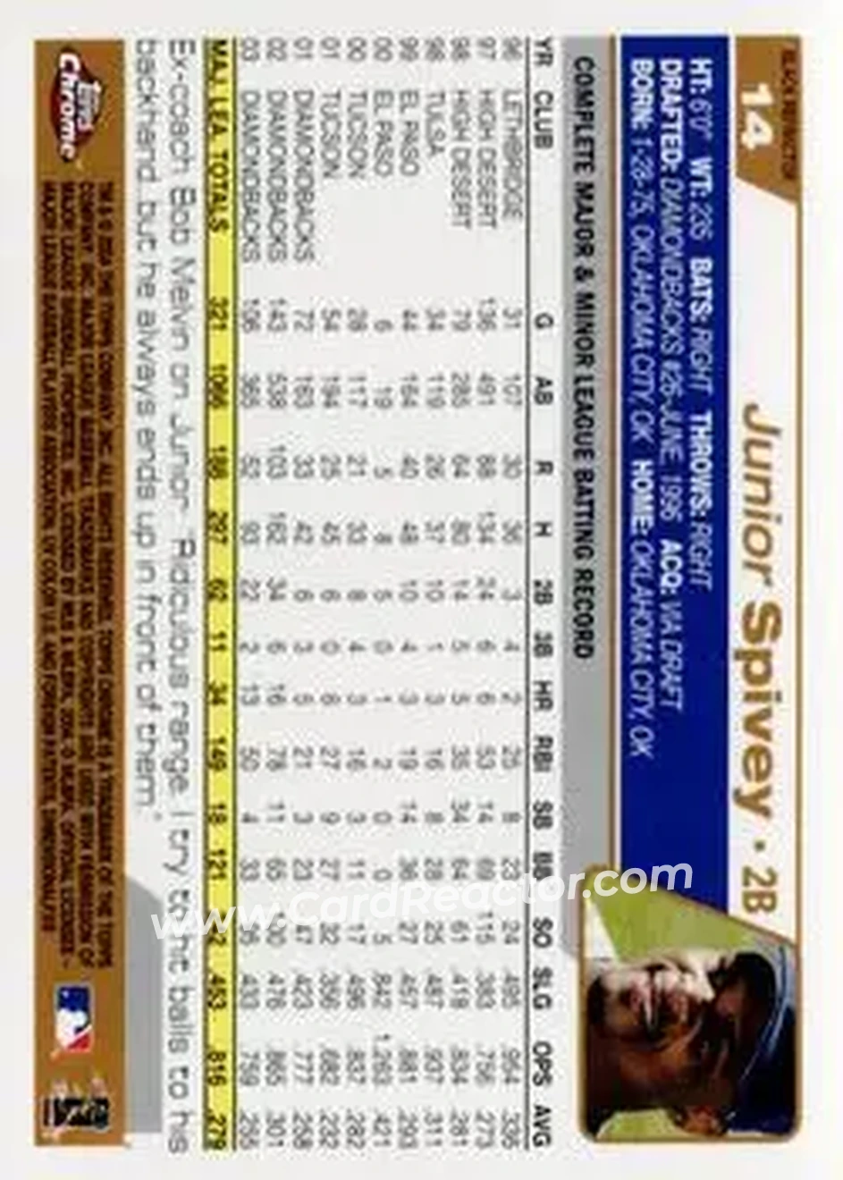 2004 Topps Chrome - Black Refractors #14 - Junior Spivey - Arizona Diamondbacks - Back