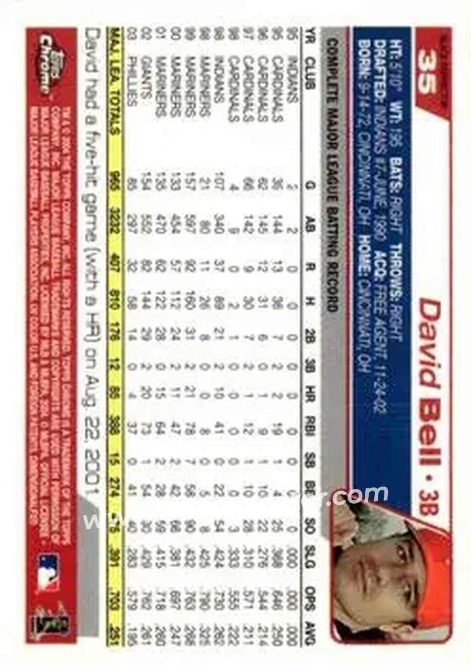 2004 Topps Chrome - Black Refractors #35 - David Bell - Philadelphia Phillies - Back