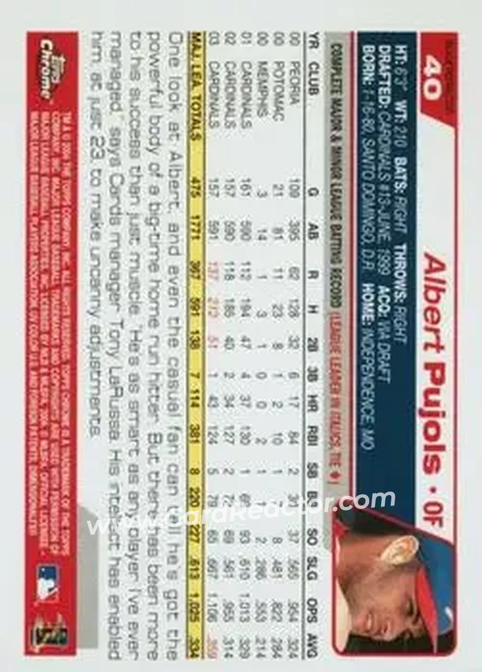 2004 Topps Chrome - Black Refractors #40 - Albert Pujols - St. Louis Cardinals - Back