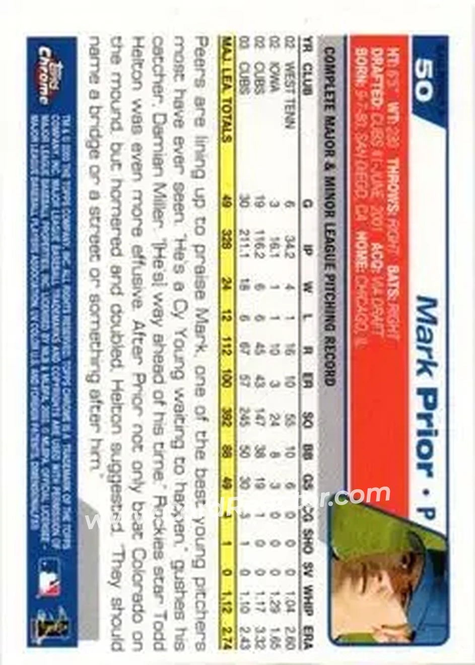 2004 Topps Chrome - Black Refractors #50 - Mark Prior - Chicago Cubs - Back