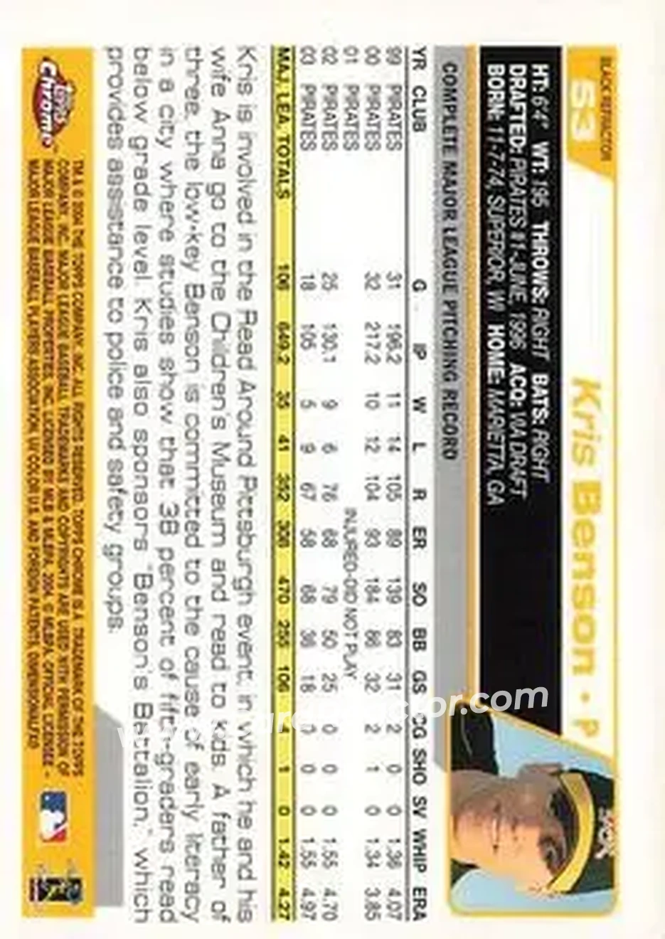 2004 Topps Chrome - Black Refractors #53 - Kris Benson - Pittsburgh Pirates - Back