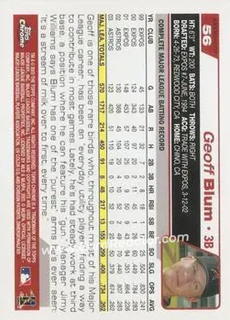 2004 Topps Chrome - Black Refractors #56 - Geoff Blum - Houston Astros - Back