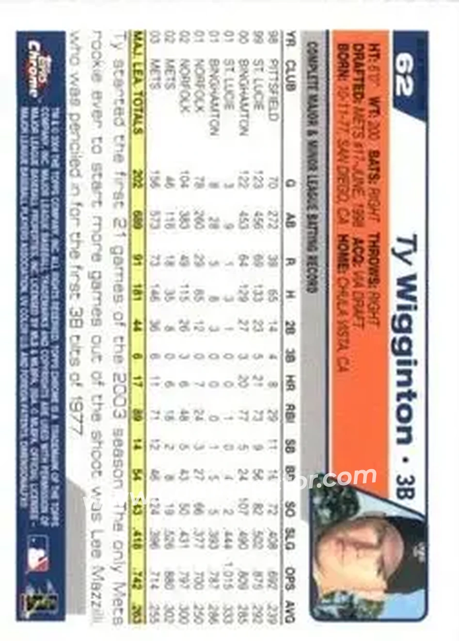 2004 Topps Chrome - Black Refractors #62 - Ty Wigginton - New York Mets - Back