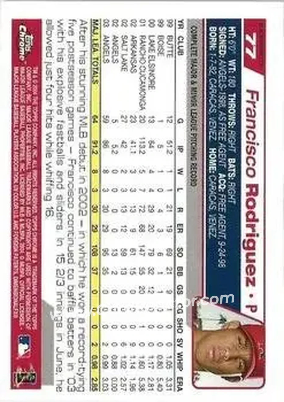 2004 Topps Chrome - Black Refractors #77 - Francisco Rodriguez - Anaheim Angels - Back