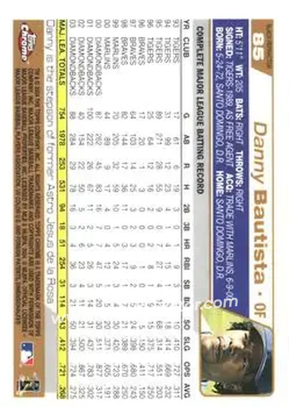 2004 Topps Chrome - Black Refractors #85 - Danny Bautista - Arizona Diamondbacks - Back