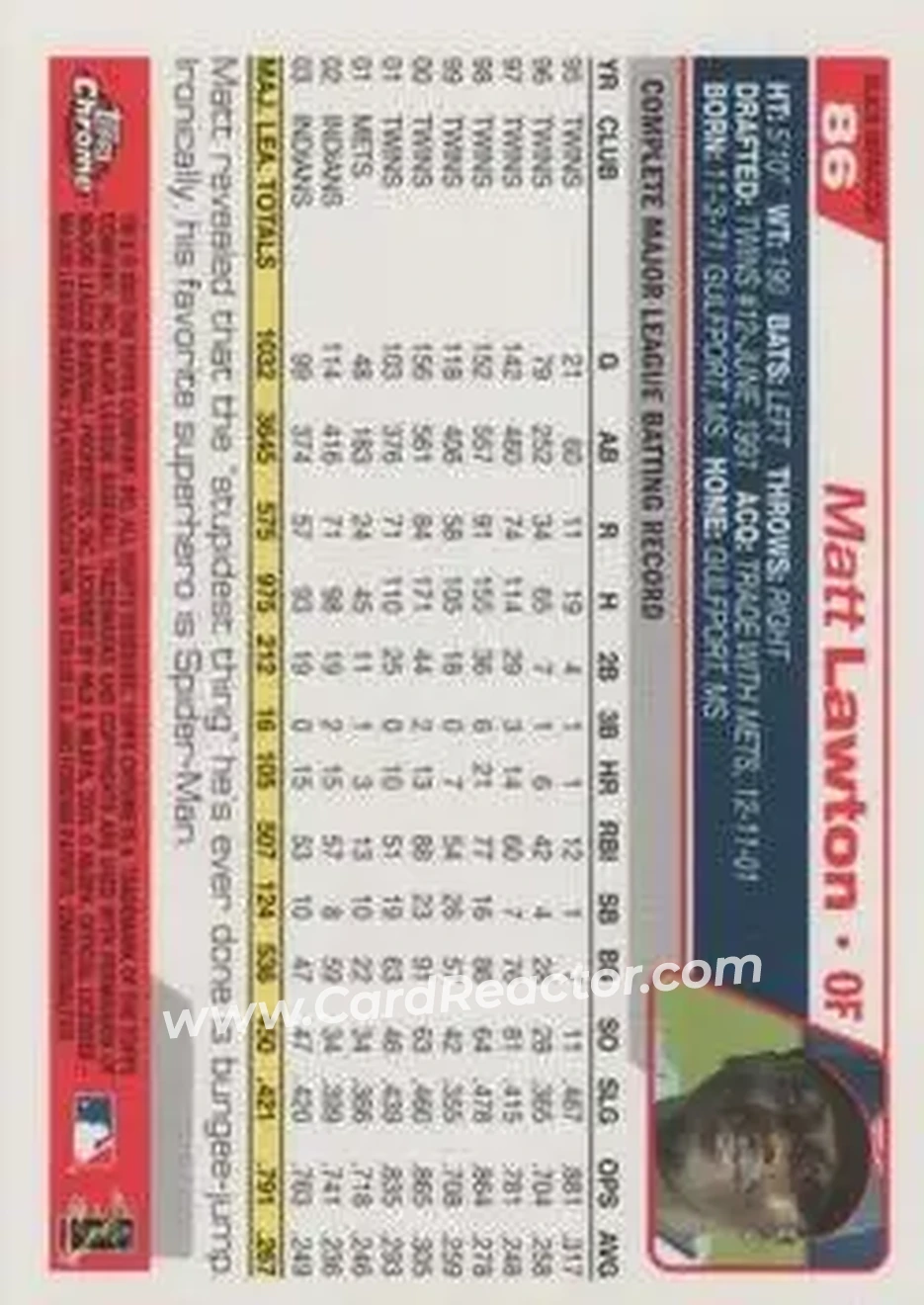 2004 Topps Chrome - Black Refractors #86 - Matt Lawton - Cleveland Indians - Back