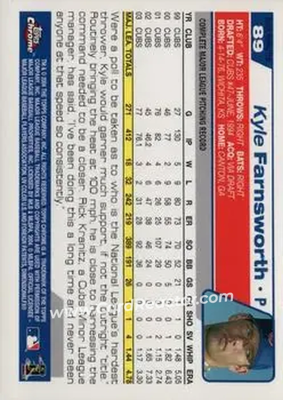 2004 Topps Chrome - Black Refractors #89 - Kyle Farnsworth - Chicago Cubs - Back