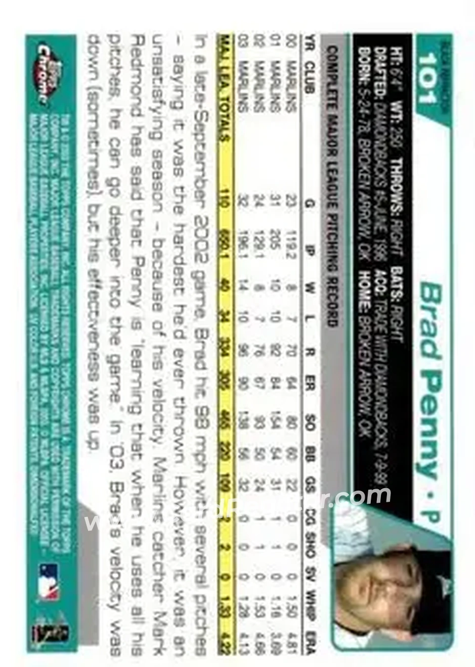 2004 Topps Chrome - Black Refractors #101 - Brad Penny - Florida Marlins - Back