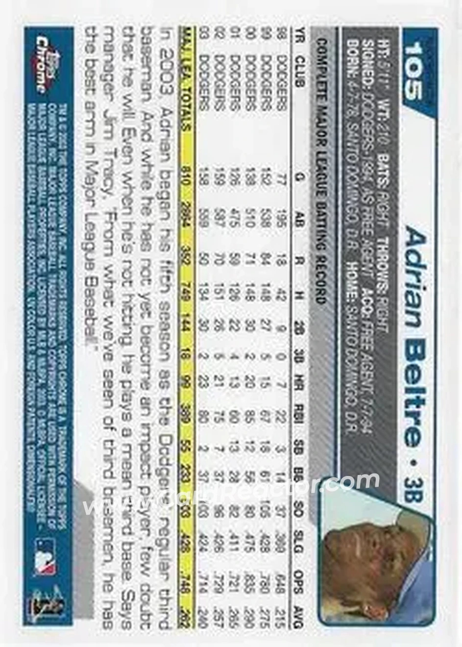 2004 Topps Chrome - Black Refractors #105 - Adrian Beltré - Los Angeles Dodgers - Back