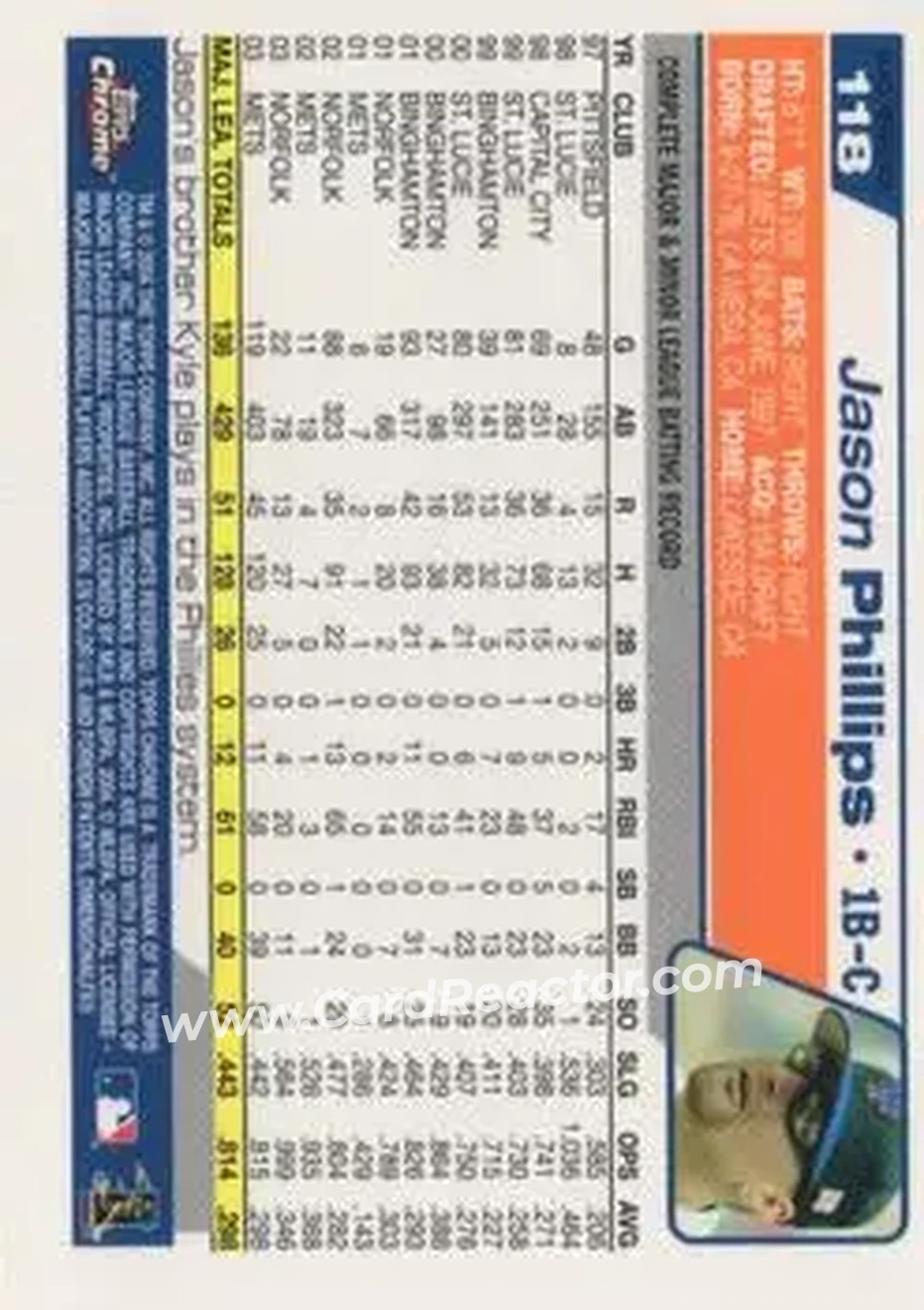 2004 Topps Chrome - Black Refractors #118 - Jason Phillips - New York Mets - Back