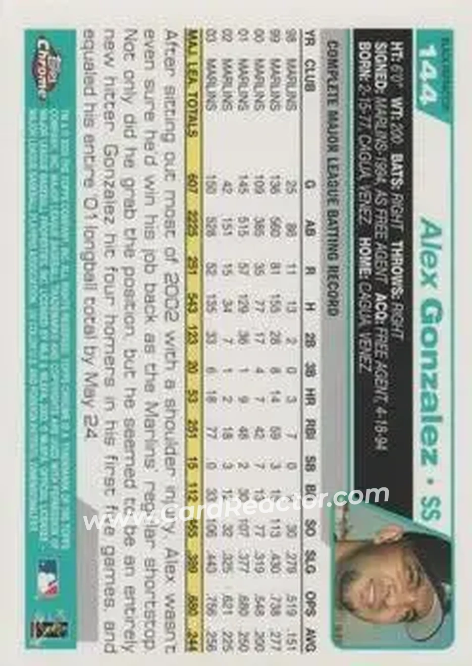 2004 Topps Chrome - Black Refractors #144 - Alex Gonzalez - Florida Marlins - Back