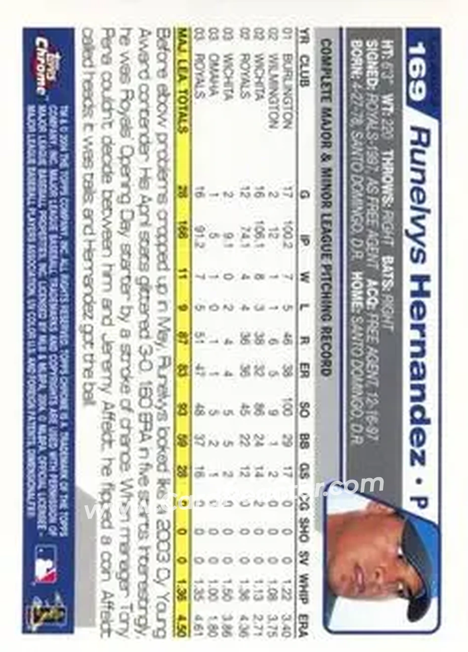 2004 Topps Chrome - Black Refractors #169 - Runelvys Hernandez - Kansas City Royals - Back