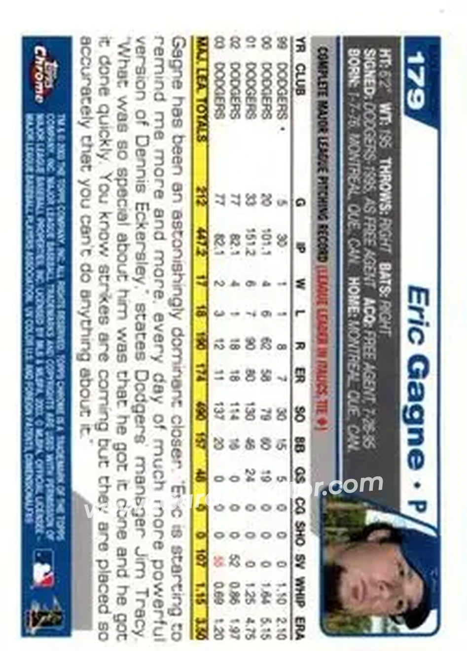 2004 Topps Chrome - Black Refractors #179 - Eric Gagne - Los Angeles Dodgers - Back