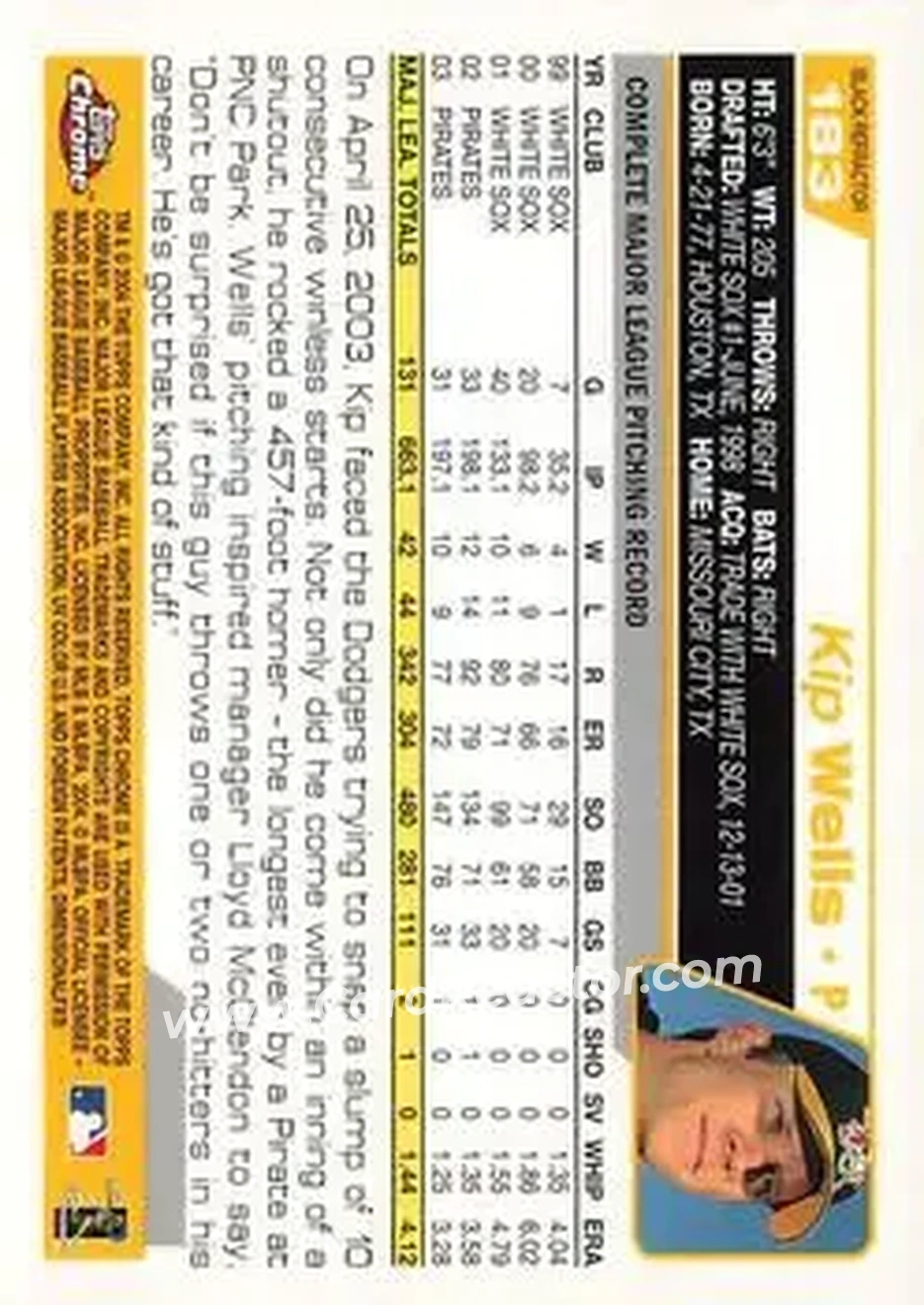 2004 Topps Chrome - Black Refractors #183 - Kip Wells - Pittsburgh Pirates - Back