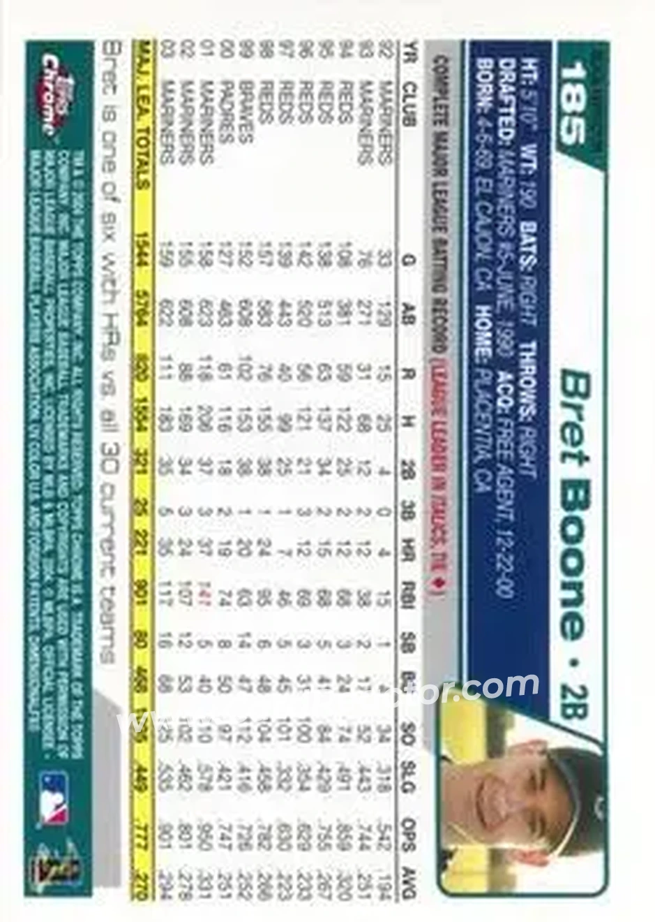 2004 Topps Chrome - Black Refractors #185 - Bret Boone - Seattle Mariners - Back