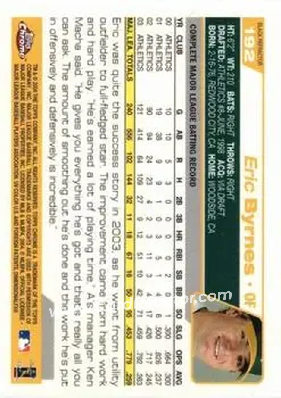2004 Topps Chrome - Black Refractors #192 - Eric Byrnes - Oakland Athletics - Back